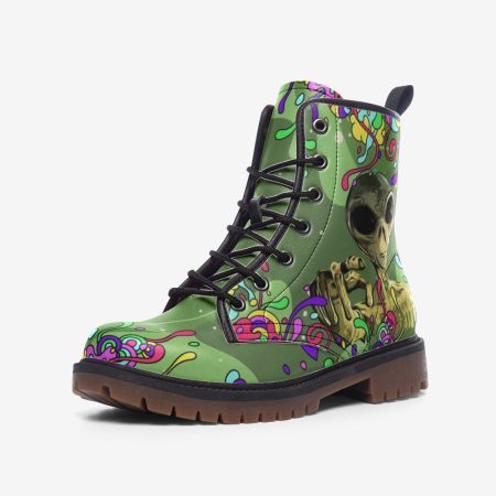 Alien Boots Green Party Alien Ufo Boots Trippy Ovni Ufo Rave Boots Festival Footwear Vegan Leather Lace Up Boots