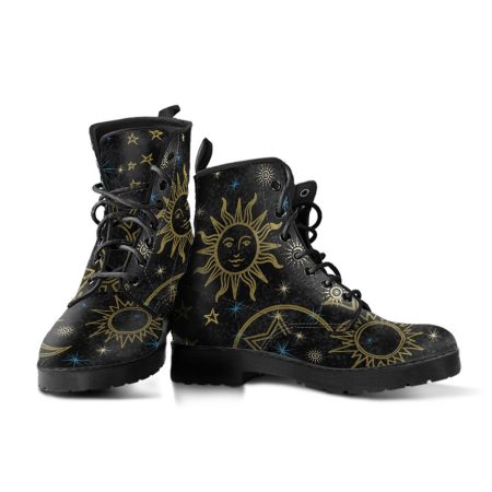 Black Artistic Sun Moon Stars Celestial Boots Combat Style With Black Soles