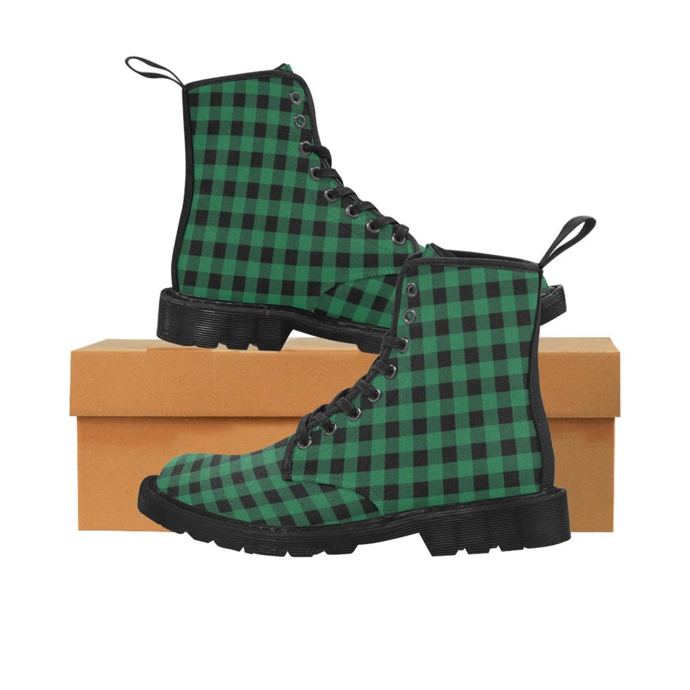 Black Check Lumberjack Vegan Canvas Lace Up Shoes Designer Print Army Ankle Combat Winter Casual Custom