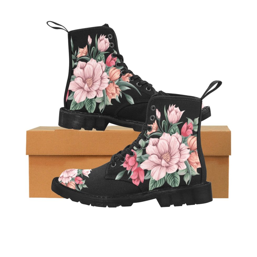Vintage Cute Floral Vegan Canvas Lace Up Shoes Print Black Ankle Combat