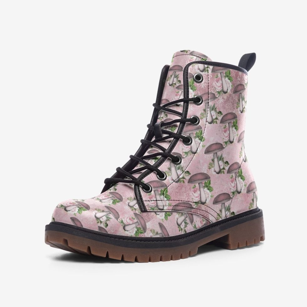 Pink Mushrooms And Roses Boots | Unisex Casual Vegan Leather Lightweight Boots | Pink Combat Boots | Mushroom Foraging Boots | Rave Boots |