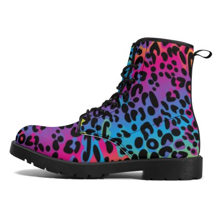 Rainbow Leopard Women's Leather Combat Boots