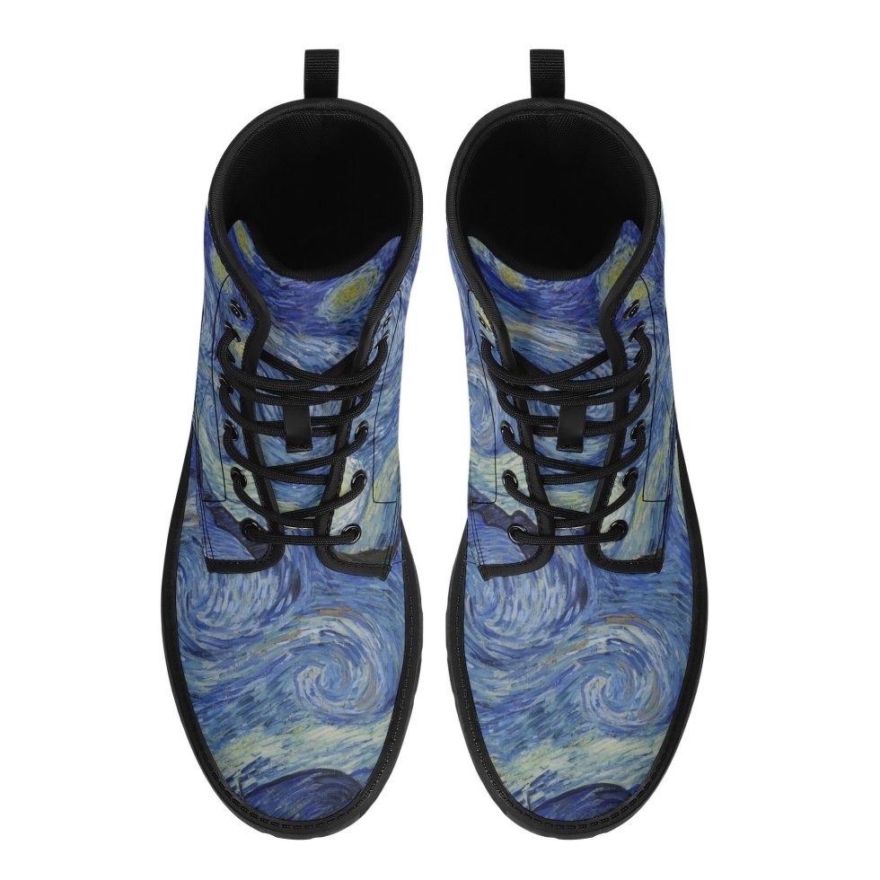 Blue Van Gogh Vegan Lace Up Shoes Hiking Festival Black Ankle Combat Work Winter Waterproof Custom Gift