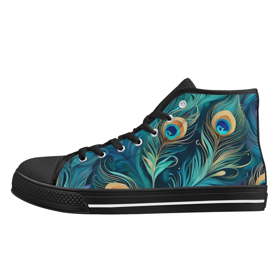 Turquoise Teal Peacock Feathers High Tops Sneakers Men's Women's Shoes Unisex