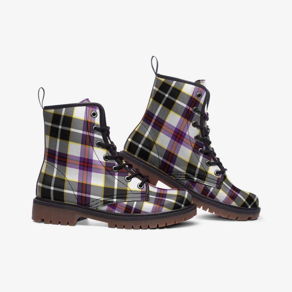 Vegan Leather Combat Boots Purple And White Plaid