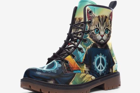 Shoes Fashion Cool Cat On Hippie T-shirt Leather Lightweight Boots